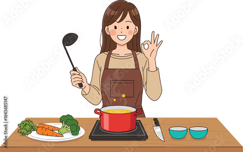 Cooking scene, person in apron, kitchen counter, ladle in hand, OK gesture, steaming pot, vegetables, meal prep, food illustration, happy chef