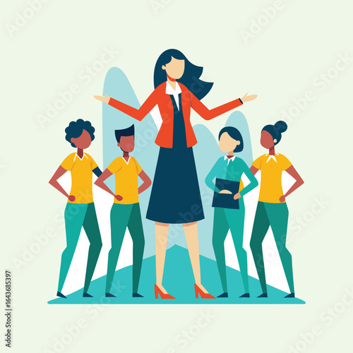 A strong female leader stands tall amongst a diverse group of professionals, woman's day theme, women leadership colorful illustration