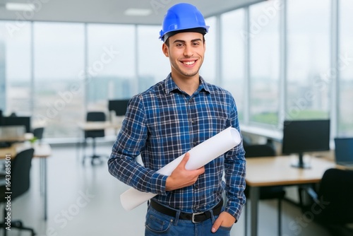 Smiling Construction Worker Holding Blueprints in Modern Office Space with Contemporary Furniture