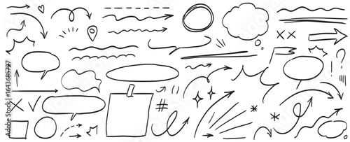 Line scribble doodle arrow, underline elements icon set. Handwritten highlight marker shape. Rough hand drawn sketch with emotions and speech bubbles. Vector chalkboard illustration of pencil drawing.
