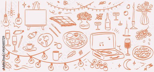 House or cafe evening event with food, wine, coffee and music. Autumn cozy dinner in restaurant hand drawn vector illustrations in charcoal or chalk style for menu, poster, placard and invitations.