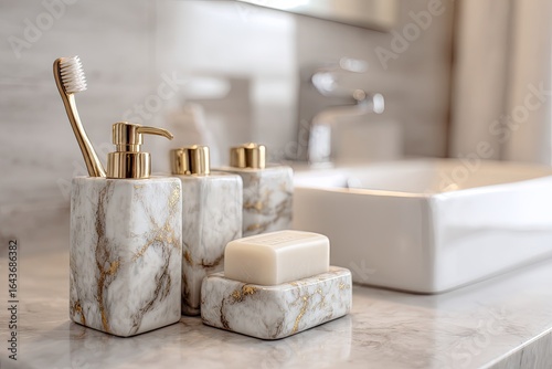 Elegant bathroom vanity set with marble-patterned dispensers, soap dish, and toothbrush.  Gold accents add a touch of luxury