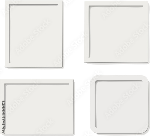 Four white picture frames arranged in a grid pattern against a black background with soft shadows cast