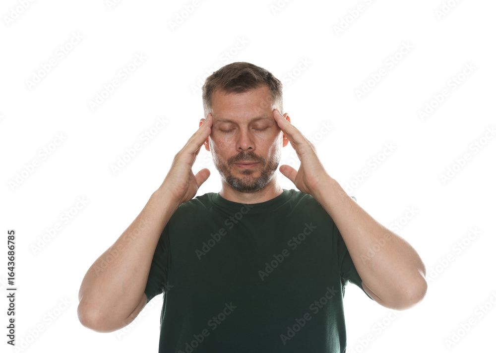 Naklejka premium Panic attack. Man calming himself down on white background