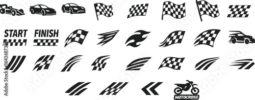 A collection of racing themed icons including cars flags and speed marks in black and white style