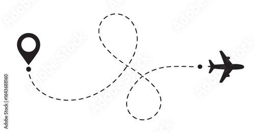 Airplane flight path with dotted travel line and location pin. Airplane flight path with dotted travel line and location pin.