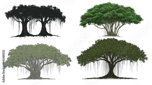 Banyan tree silhouette white background vector illustration, sacred fig tree with aerial roots and wide canopy, black isolated graphic design for logos, posters, and nature themes.