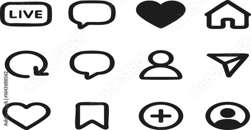 Collection of twelve black and white social media icons including live heart and home on a white background