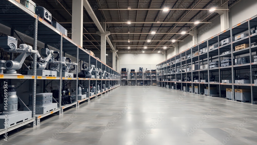 Fototapeta premium Warehouse interior with metal shelves holding robotic arms and electronic equipment in neat rows
