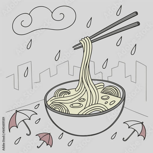 Whimsical illustration of people enjoying hot noodles under umbrellas in the rain with visible steam rising from the bowls creating a cozy and atmospheric scene