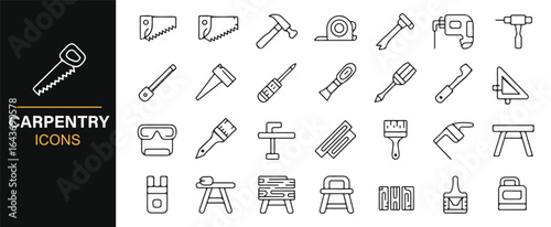 Simple Line Icons of Carpenter Tools, Saw, Hammer, and Measurement Gear