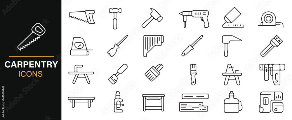 Naklejka premium Collection of Essential Carpentry Tools Icons Including Safety Goggles