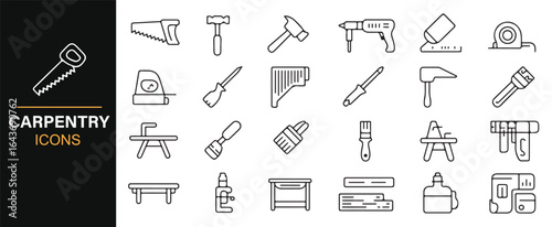 Collection of Essential Carpentry Tools Icons Including Safety Goggles