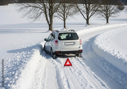 Car stuck in the snow on a winter road with a warning triangle behind it