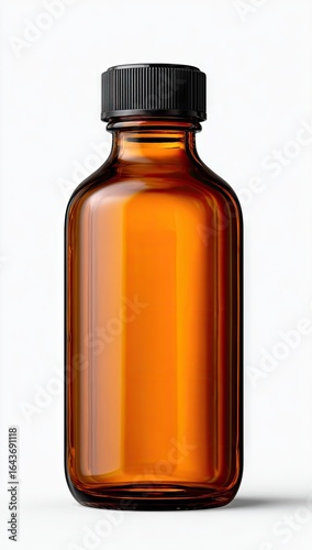 Amber glass bottle with black cap, rectangular shape, smooth surface, empty, studio shot on white background