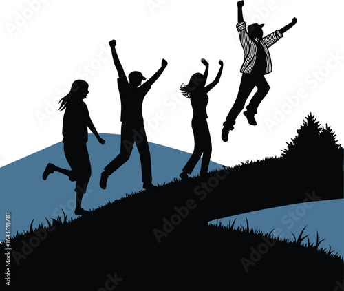 Joyful group of friends jumping in celebration silhouette