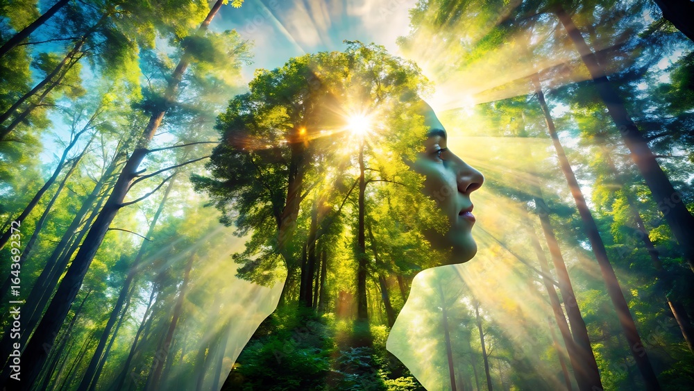 Obraz premium Surreal double exposure merges a human profile with a vibrant sunlit forest symbolizing nature s profound connection to consciousness and inner peace