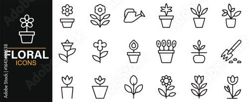 Minimalist Icons Set of Flowers, Pots, and Gardening Accessories