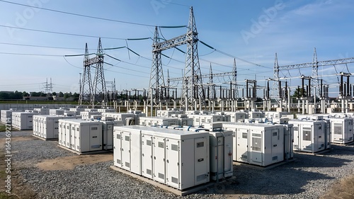 Modern electrical substation featuring rows of large white transformers and complex high voltage power lines against a clear blue sky