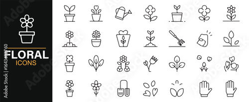 Collection of Flower Icons Featuring Potted Plants, Watering Can, and Sunflowers