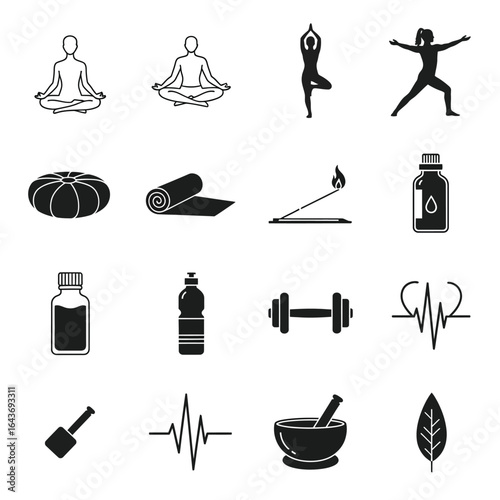 Yoga and Wellness Icons Meditation, Exercise, and Healthy Living Elements
