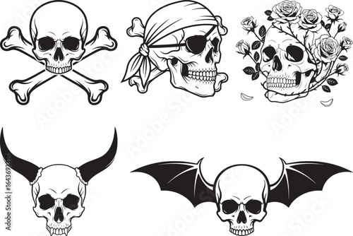 Collection of popular vector skull designs including a pirate skull with a bandana a skull with crossbones a skull with a rose crown a bull skull with large horns and a skull with bat wings ideal for 