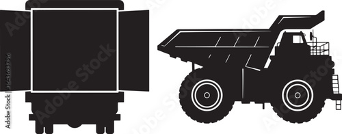 Black silhouette of a huge mining dump truck viewed from the side and rear on a white background