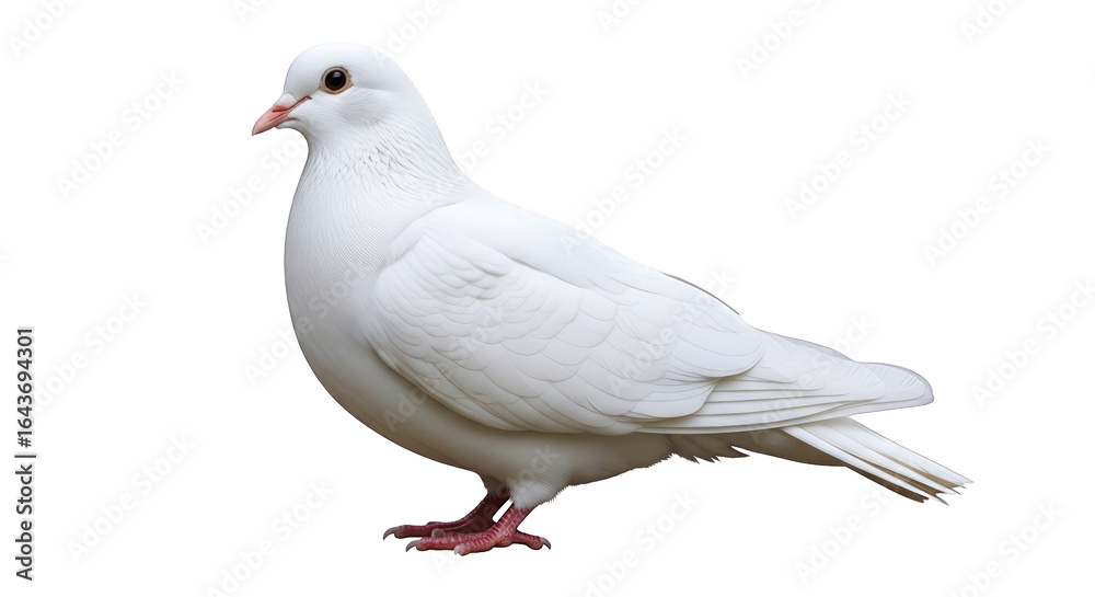 Naklejka premium Elegant White Dove Standing Proudly Isolated pigeon bird animal avian feather wing tail beak eye foot claw cutout background clean