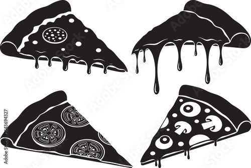 Black and white silhouette set of different pizza slices with dripping cheese on a white background