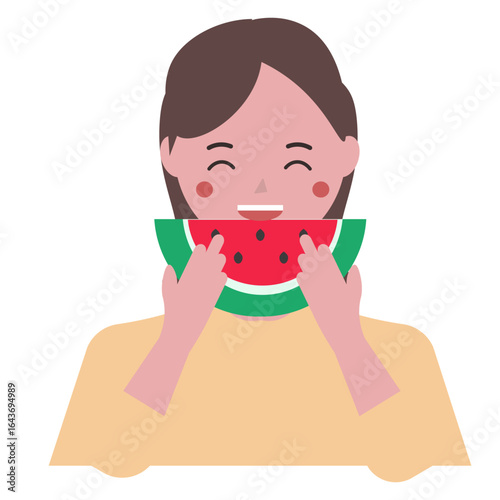 スイカをかじる女性。スイカを食べる。ベクターイラスト