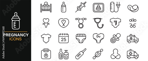 Minimalist Pregnancy Icons Set Including Baby Clothes, Thermometers, and Milestones