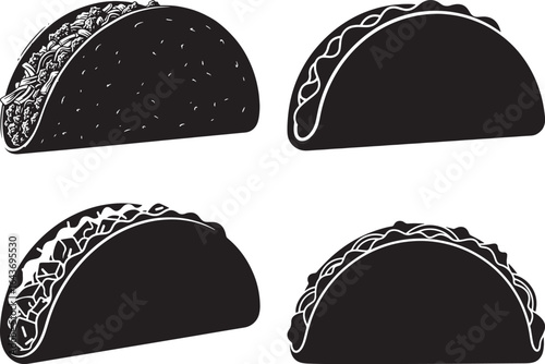 Black and white silhouette set of tacos with different fillings on a white background