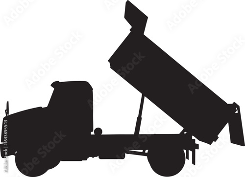 Black silhouette of a dump truck with its bed raised on a white background