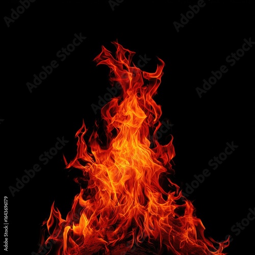 Fiery orange and red flames rise against a stark black background, creating a dynamic and intense visual