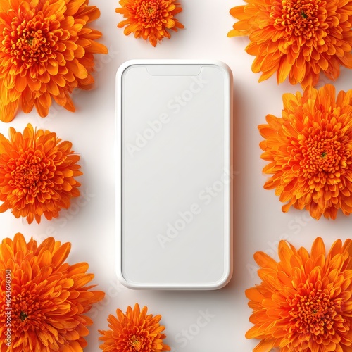 White smartphone framed by vibrant orange chrysanthemum flowers on a white background.  A top-down, flat lay composition