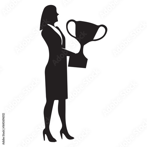 Silhouette of a woman holding a trophy isolated on white background, symbolizing success and achievement
