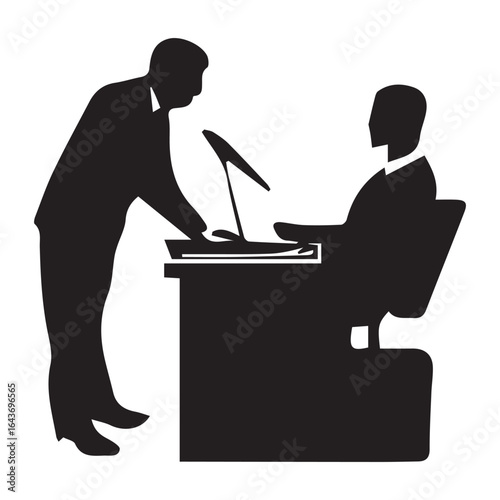 Silhouette of business people working at a desk with a laptop, isolated on white background