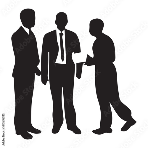 Silhouette of three business people in a meeting, isolated on white background