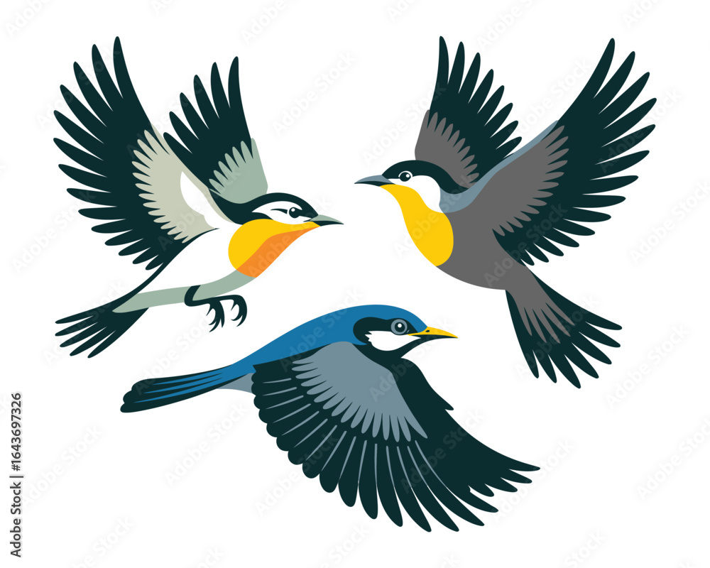 Fototapeta premium Stylized birds warblers artwork in colorful vector style
