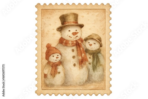 Vintage Watercolor Postage Stamp Featuring Snowman Family in Warm Sepia Tones with Festive Accents