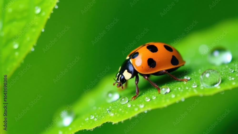 Ladybug with water droplets on green leaf macro photography Ladybug with water droplets on green leaf macro photography