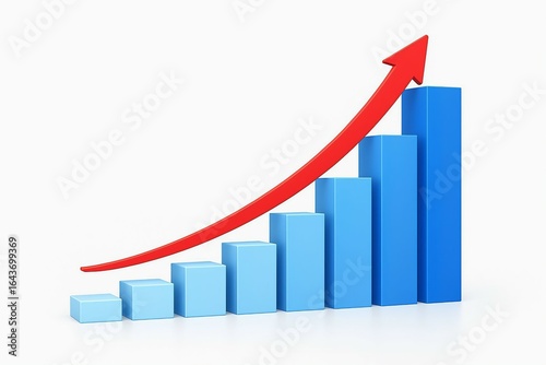 Rising blue bar graph with a red arrow indicating upward growth