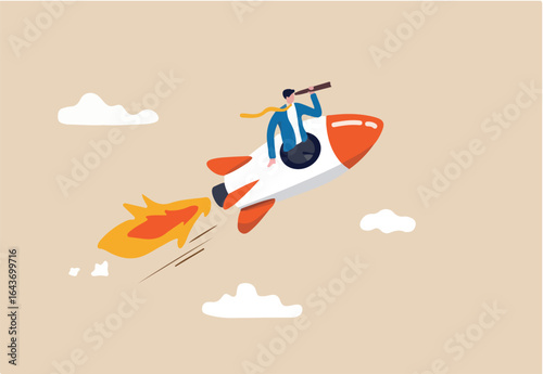 Entrepreneurship, startup vision or empowerment, leadership to see future vision and start business concept, smart confidence businessman manager open rocket window using telescope looking forward.