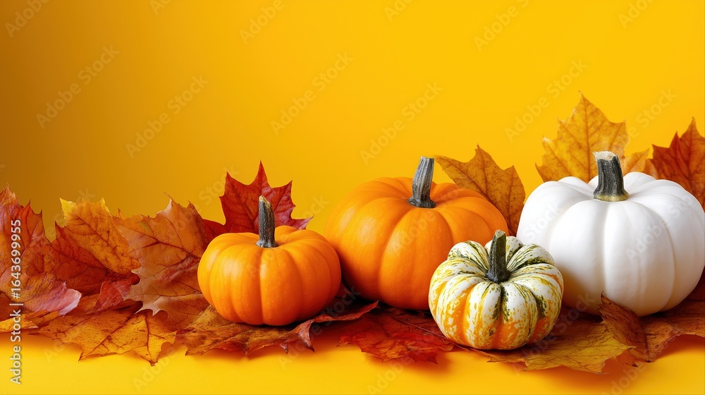 Autumn display of pumpkins and vibrant fall leaves on bright yellow background Autumn display of pumpkins and vibrant fall leaves on bright yellow background