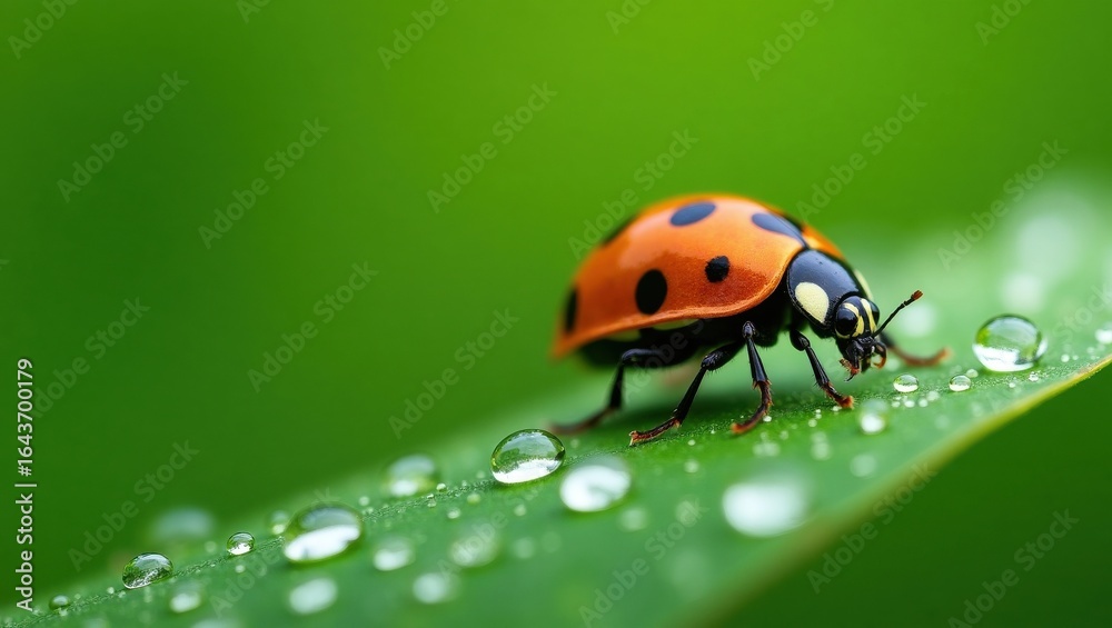 Fototapeta premium Close up of a ladybug on a dew covered green leaf