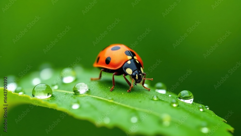 Fototapeta premium Close up of a bright red ladybug with black spots on a green leaf covered in dew drops