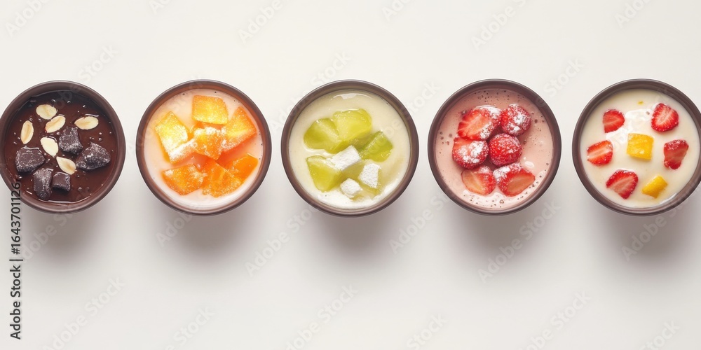 Obraz premium Colorful Fruit Bowls Topped with Cream, Minimalist Food Still Life