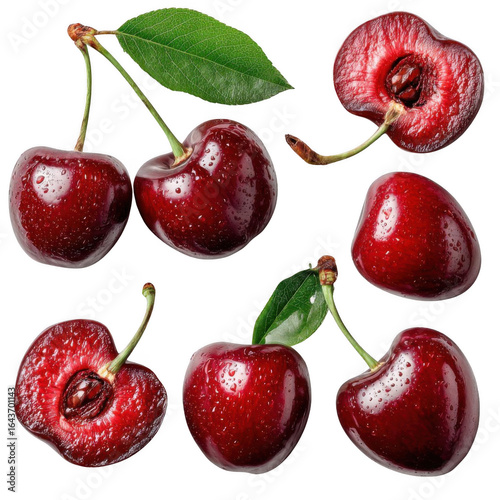 Cherry with leaves and water drops isolated on transparent background. Collection image.