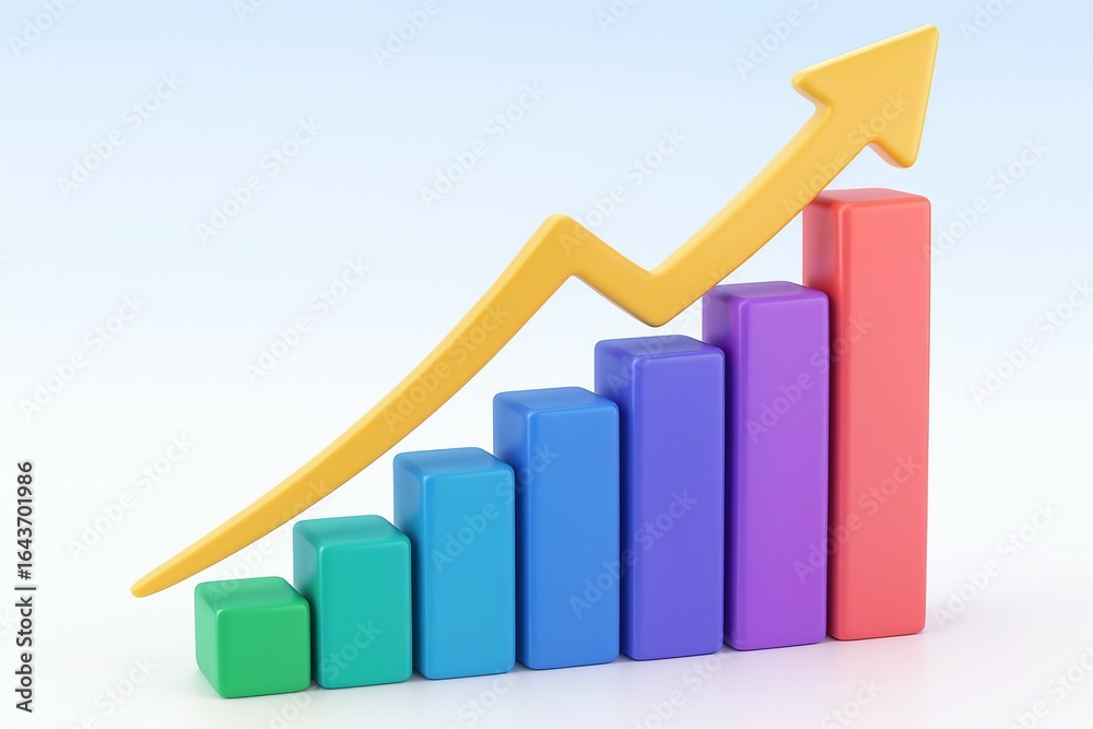 Colorful 3d bar chart with upward trending arrow showing growth Colorful 3d bar chart with upward trending arrow showing growth