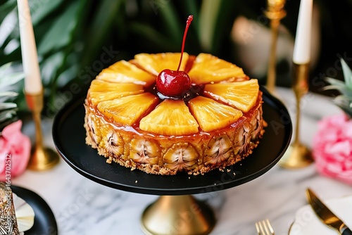 A glazed pineapple upside-down cheesecake, garnished with a cherry, sits on a black cake stand with gold accents, surrounded by tropical foliage and pink decorations on a marble table